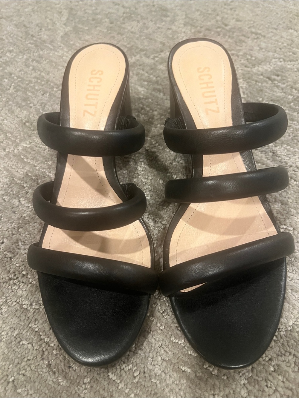 Schutz Olly Mid Block Heel Black Nappa Leather Slide Sandals – Size 7.5